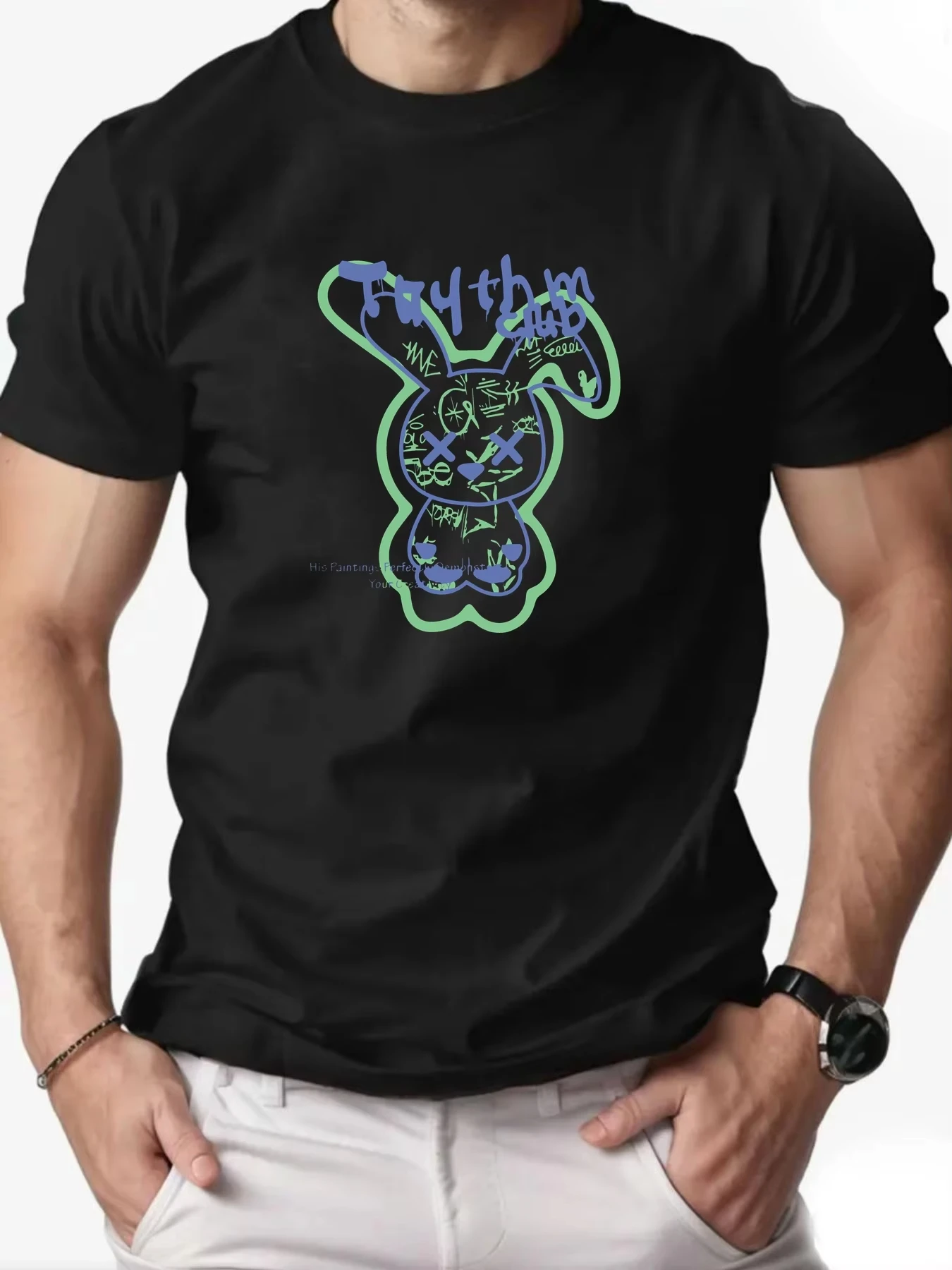 

Men's cotton T-shirt graffiti rabbit summer new round neck short sleeve graphic breathable fashion casual loose T-shirt top