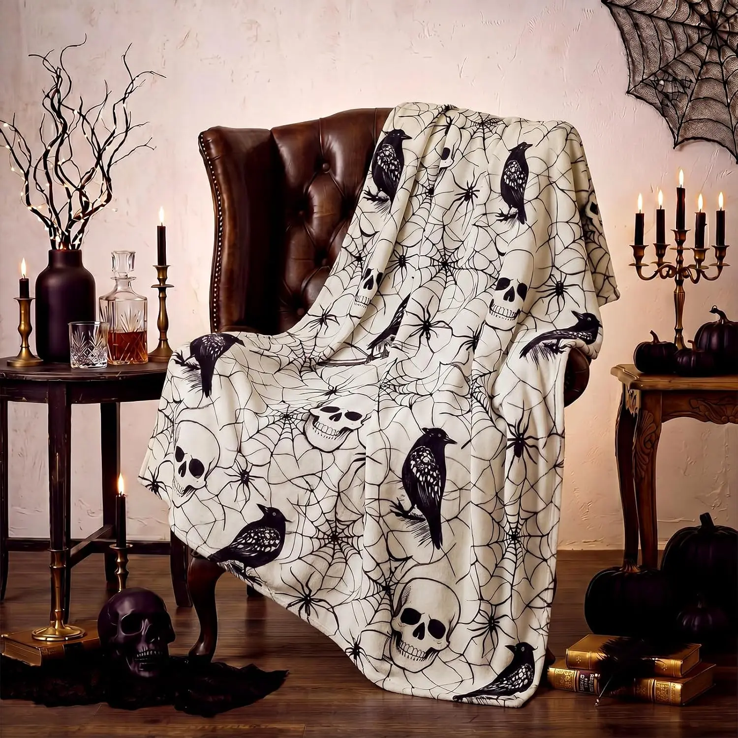 Irenare Halloween Gothic Blanket Spooky Gifts Throw Blanket Soft Flannel Black Horror Spider Webs Skulls and Ravens Home Decor for Couch, Bed, and Haunted House Use, 50 x 60inch