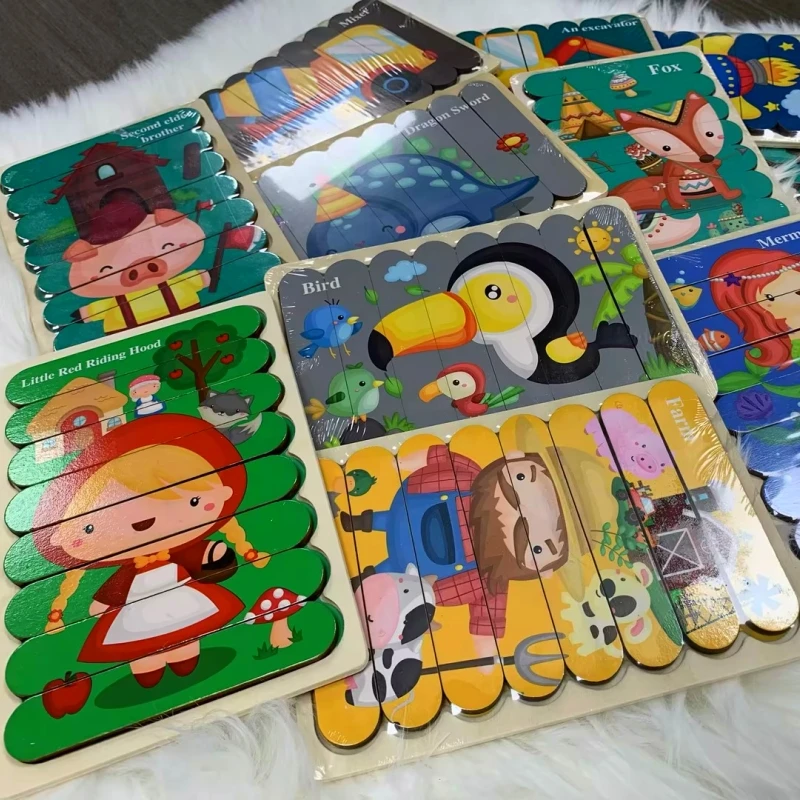 Cartoon Animal Baby Toys Double-sided Strip Wooden Jigsaw Puzzles Kids Montessori Puzzles Game Educational Puzzles for Children