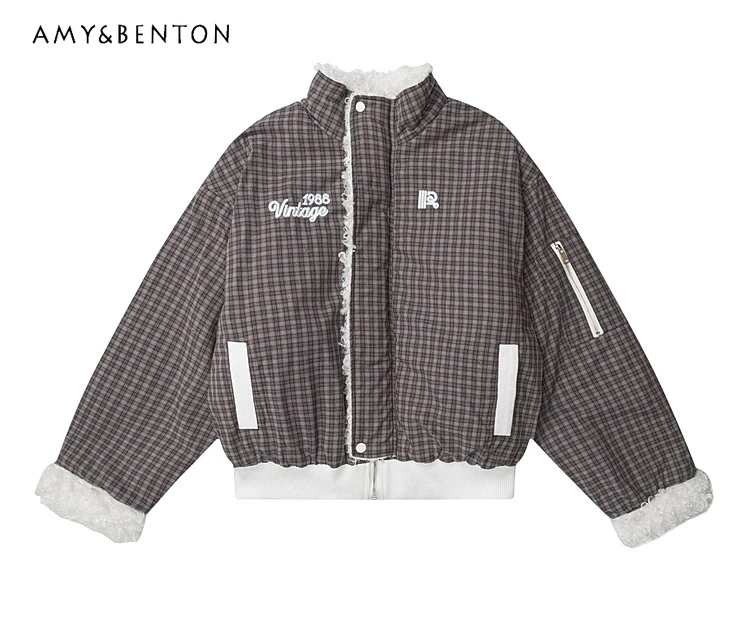 

Autumn Winter Retro Reversible Stand Collar Plaid Coffee Color Cotton Jacket American High Street Gray Women's Lamb Wool Coat