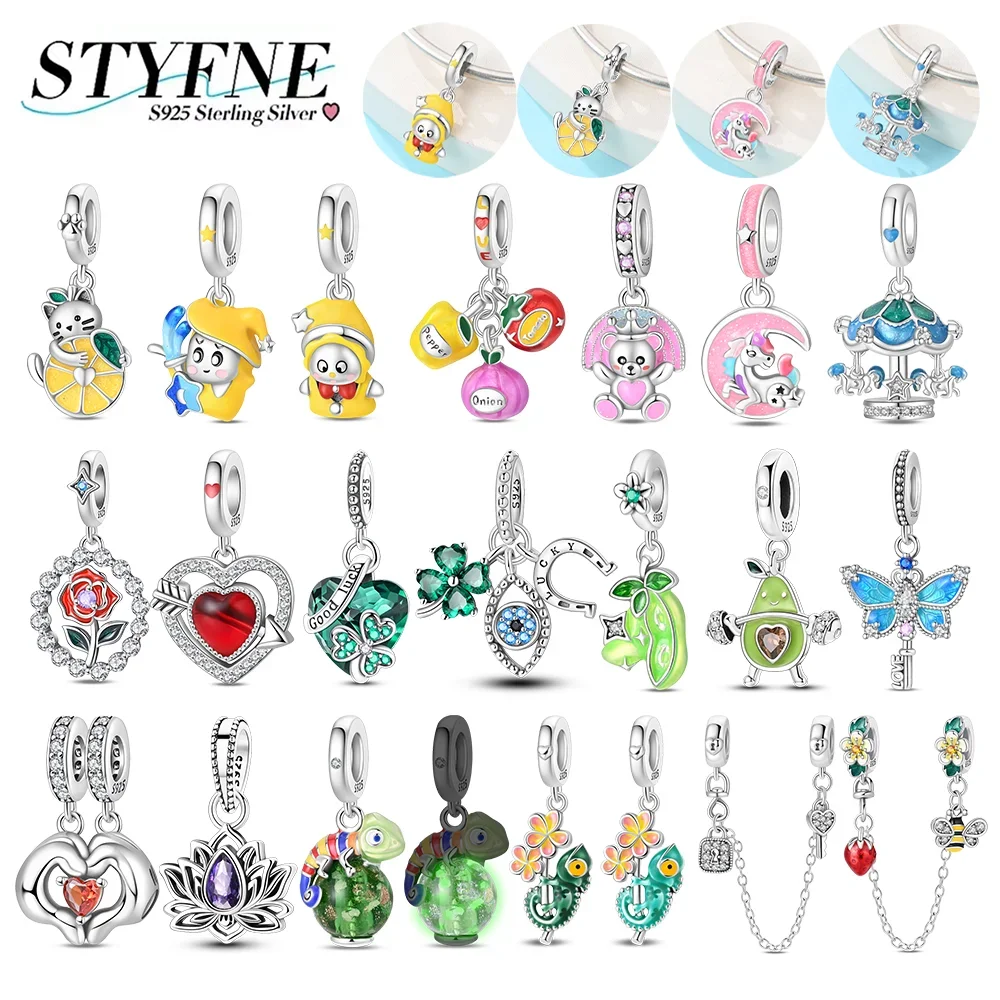 

925 Silver Plated Love Beads Cartoon Lemon Cat Bear Butterfly Rose Charms Fit DIY Bracelet Pendant Fashion Jewelry Women Gift