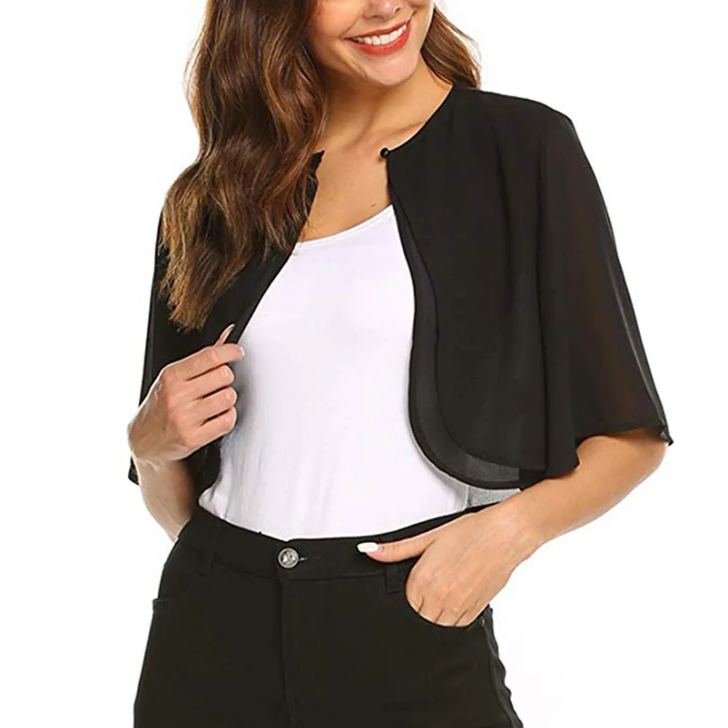 Women's Chiffon Shrug Shawls Fashion Black Short Super Thin Short Sleeve Sheer Open Front Chiffon Cardigan Top Streetwear