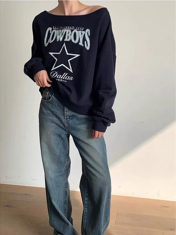 HOUZHOU Korean Style Graphic Sweatshirts Women Off Shoulder Oversized Vintage Y2k Letter Printed Pullovers Casual Streetwear