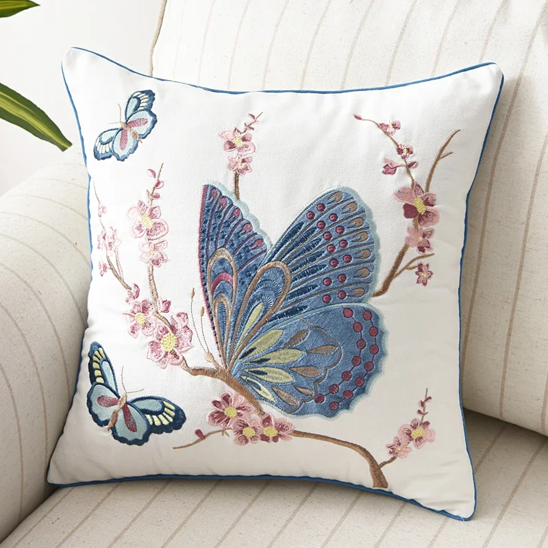 Butterfly Cushion Cover 45x45cm Floral Country Style Pillow Cover Cotton  Embroidery Suqare Home Decoration  for Living Room