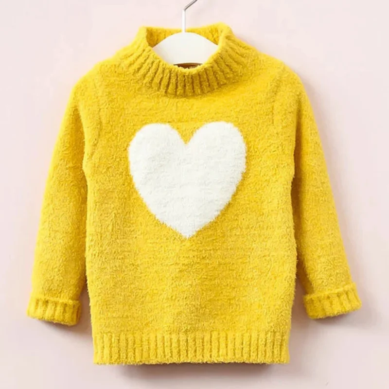 2-9Years Baby Girls Knitted Sweater Winter and Autumn Long Sleeve Warm High Collar Cute Heart Kids Sweater Top Girl Clothes