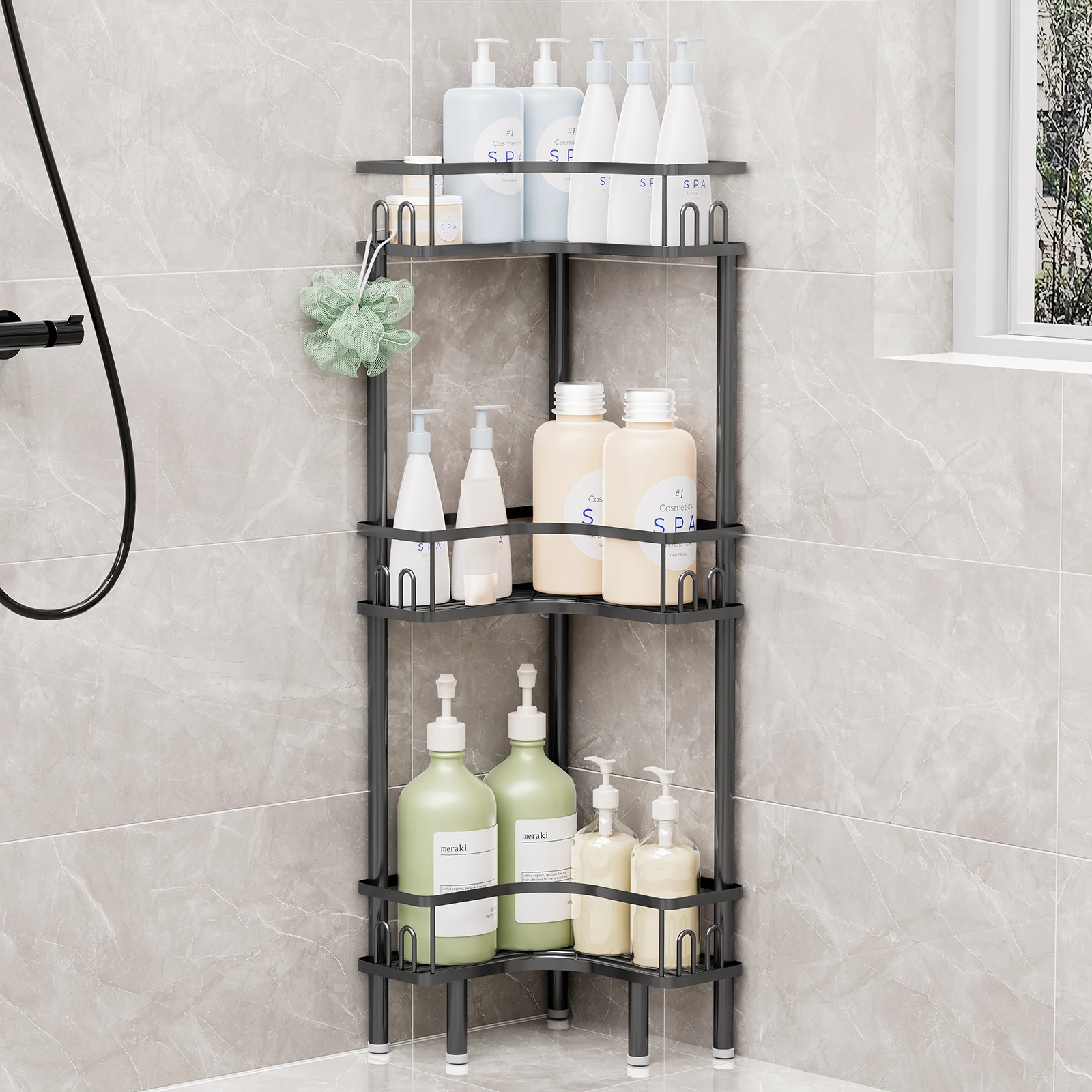 1 Stück Freistehendes Mehrstöckiges Badezimmer-Aufbewahrungsregal, Toiletten-Eckregal, Dreieckiges Eckregal, Metall-Duschregal, Multifunktionales Mehrstöckiges Eck-Duschregal