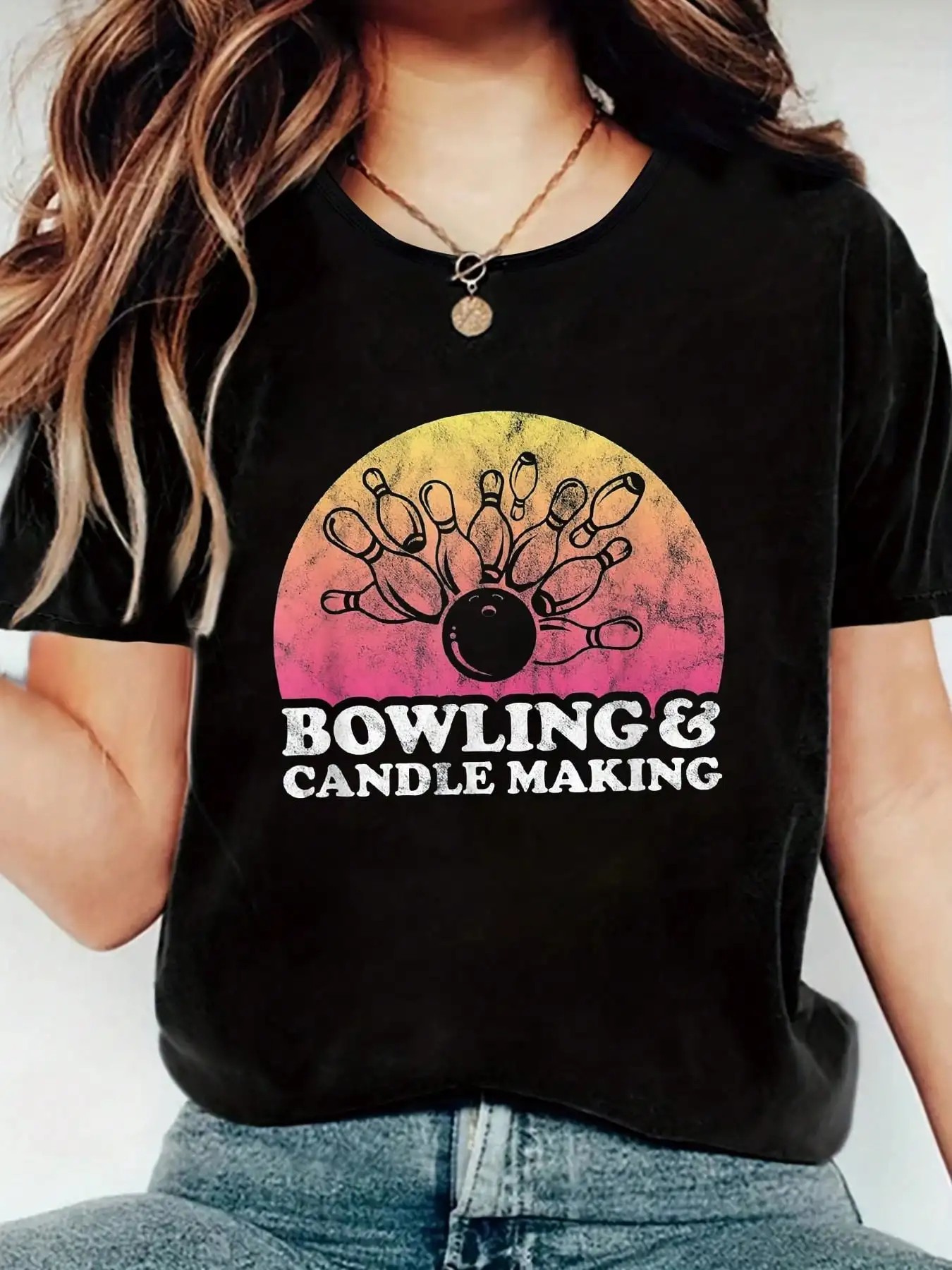 

100% Cotton Bowling And Candle Making Or Candle Maker Funny Print Women's T-Shirt, Round Crew Neck Soft Short Sleeve T-Shirt For