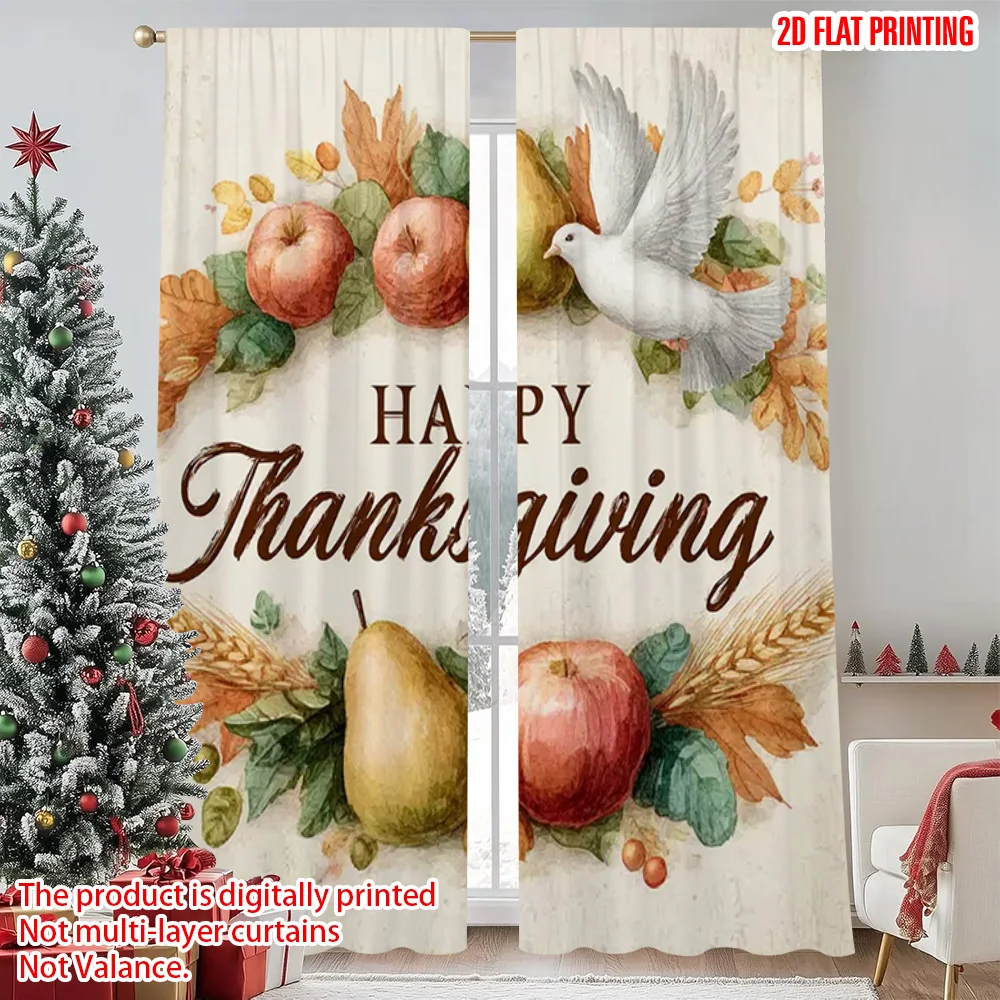 

2pcs 2D flat printing Merry Christmas Scene Curtains happy Thanksgiving flowers Durable Polyester Without Electricity Family