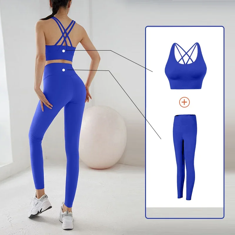2026 New Women Workout Outfit Cross Back Shockproof Sports Bra High Waist Stretch Leggings Gym Running Pilates Sportswear Set