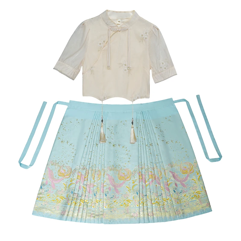 New Chinese style embroidery buckle short-sleeved top, one-piece oversized makeup flower weave golden horse face skirt set