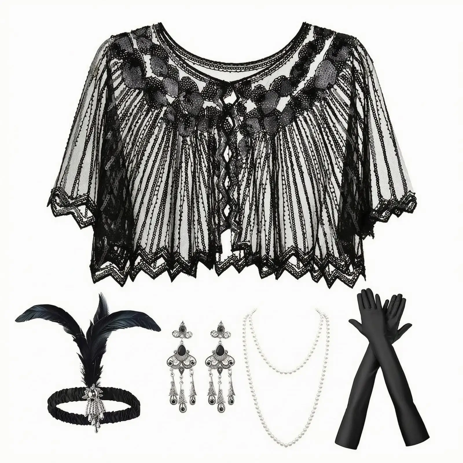 Black Sequin Fringe Cape Women Party Shawl Set with Long Gloves Feather Headband Pearl Necklace for Adult Halloween Costume