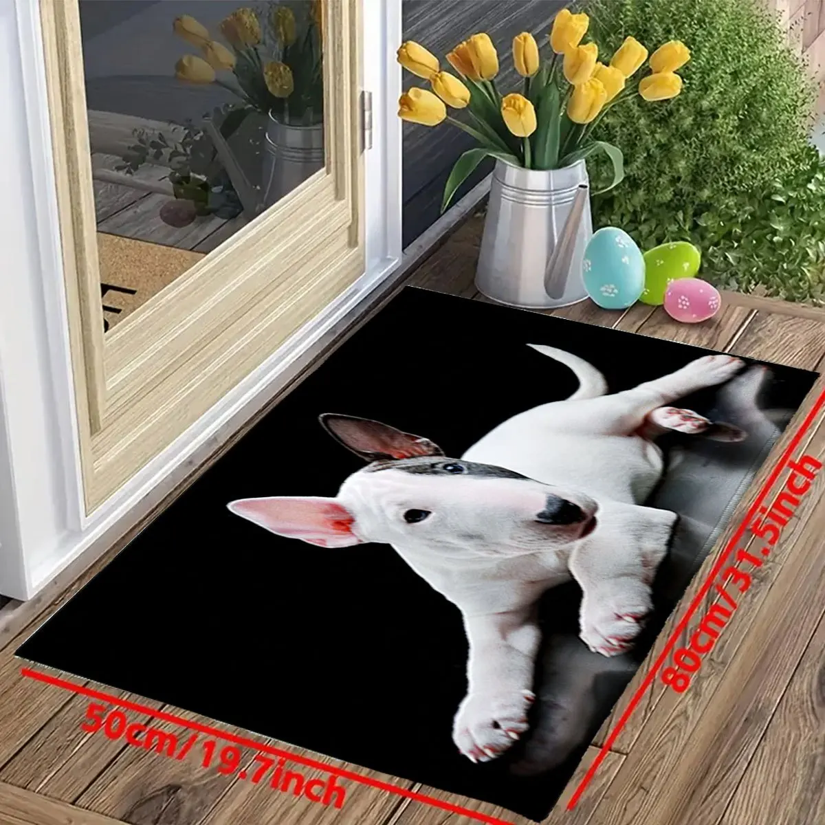 2D Flat White Bull Terrier Puppy Black Background Realistic Photo Flannel Door Mat Non Slip Dog Lover Rug For Entryway Bedroom