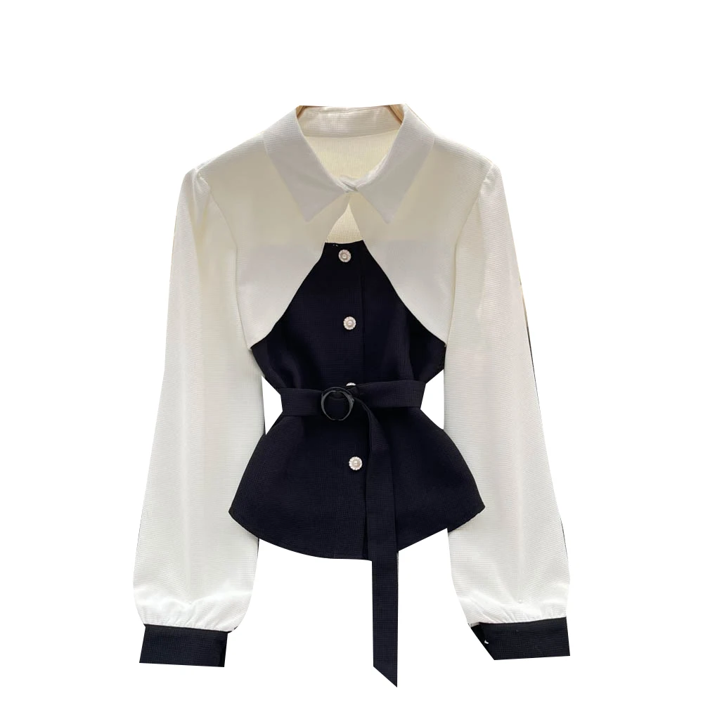 Ele Color Blo Long Sve irt المرأة Faion الأعلى الفرنسية Sle سليم صالح طوق ort طول لون نقي ملابس الخريف #5