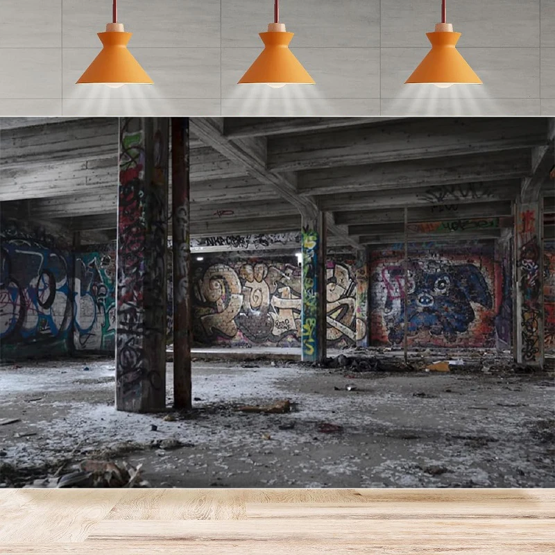 Abandoned Building Photography Background Shabby Underground Room Empty Interior Retro Graffiti Wall Party Backdrop Wall Banner