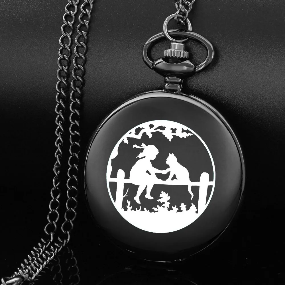 

Little girl and cat carving english alphabet face pocket watch a chain Black quartz watch perfect gift