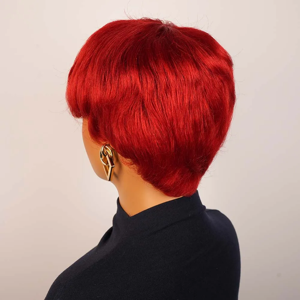 شعر مستعار أحمر قصير الطبقات بقص عابث للنساء ذوات البشرة السمراء، شعر بشري ريمي مستقيم مصنوع آليًا مع غرة للاستخدام اليومي