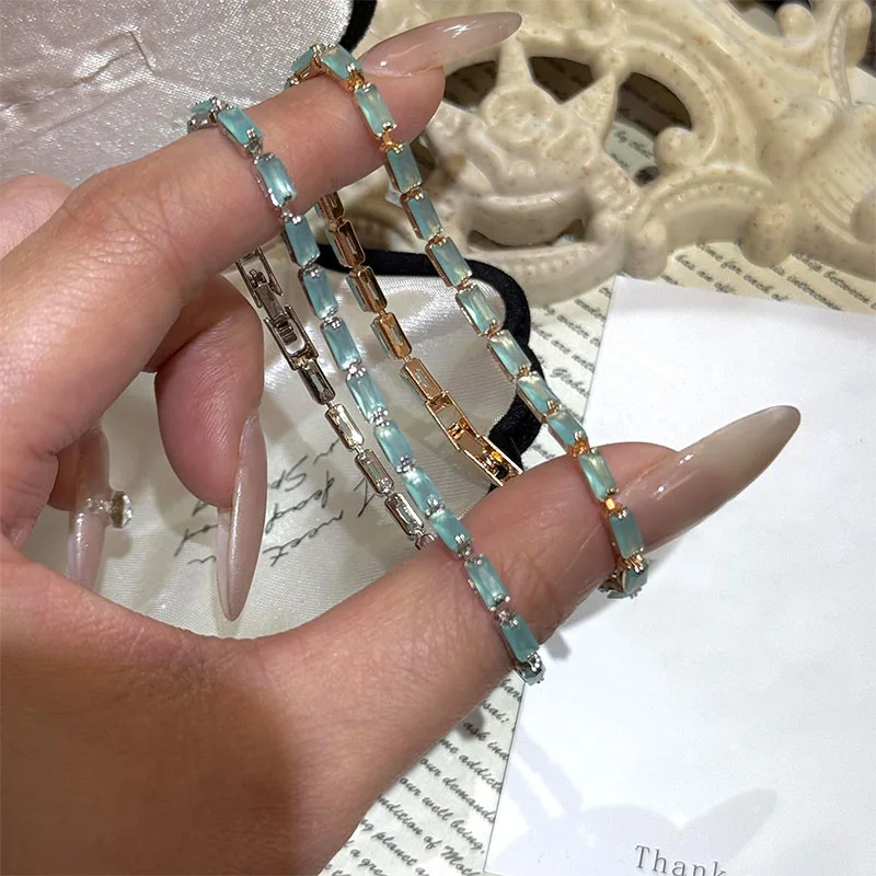 New sterling silver bracelet square full shining cat eye stone adjustable bracelet sea blue gemstone zircon silver bracelet Gift