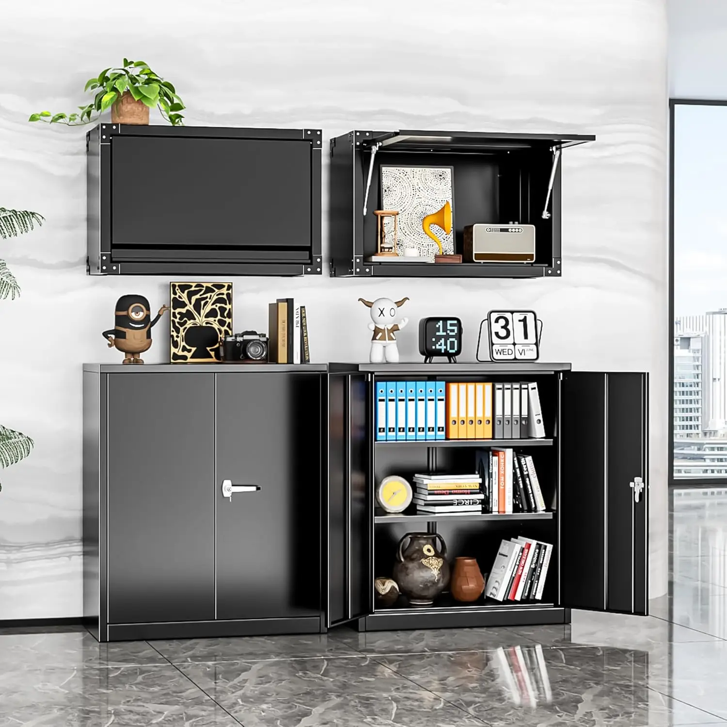 Metal Storage Cabinet with Locking Doors, Lockable Cabinet with 2 Doors and Shelves, Black Cabinet with Lock