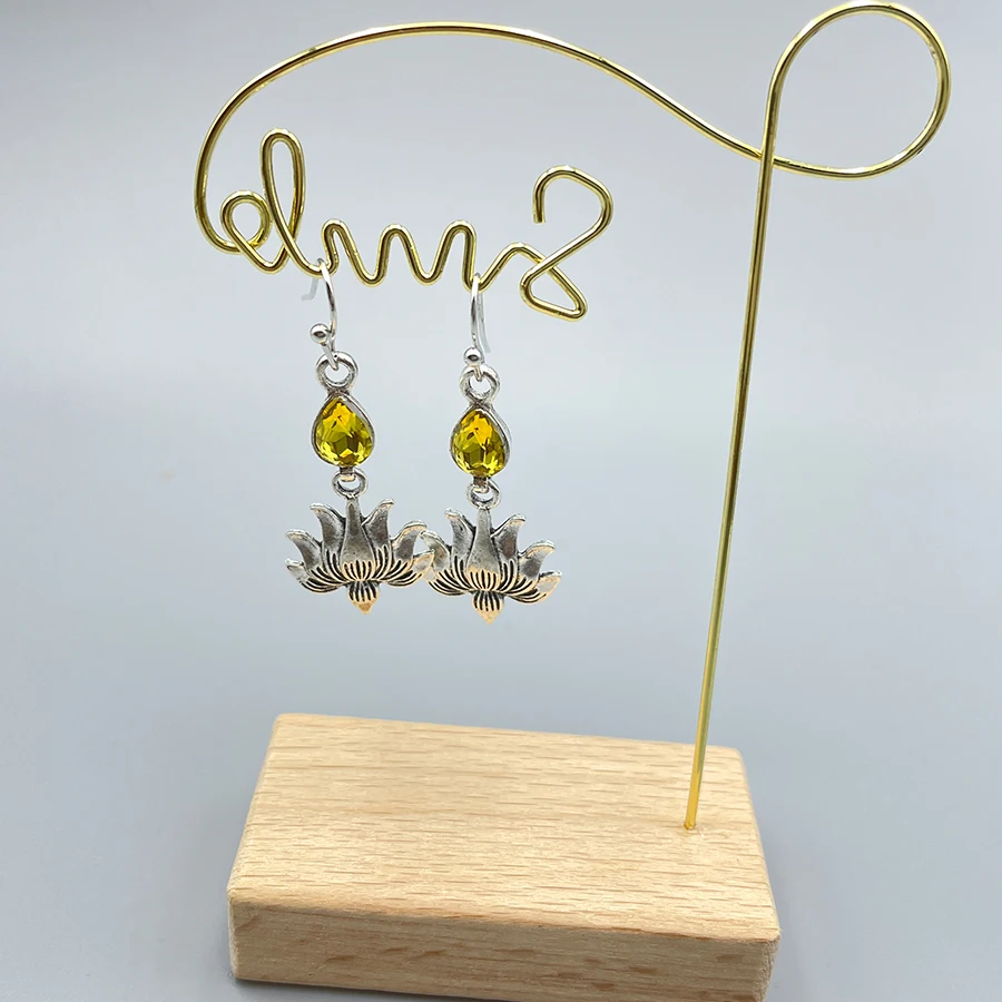 Elegant metal hand-carved lotus earrings set with blue crystal Lady's hook hanging earrings jewelry for everyday decoration