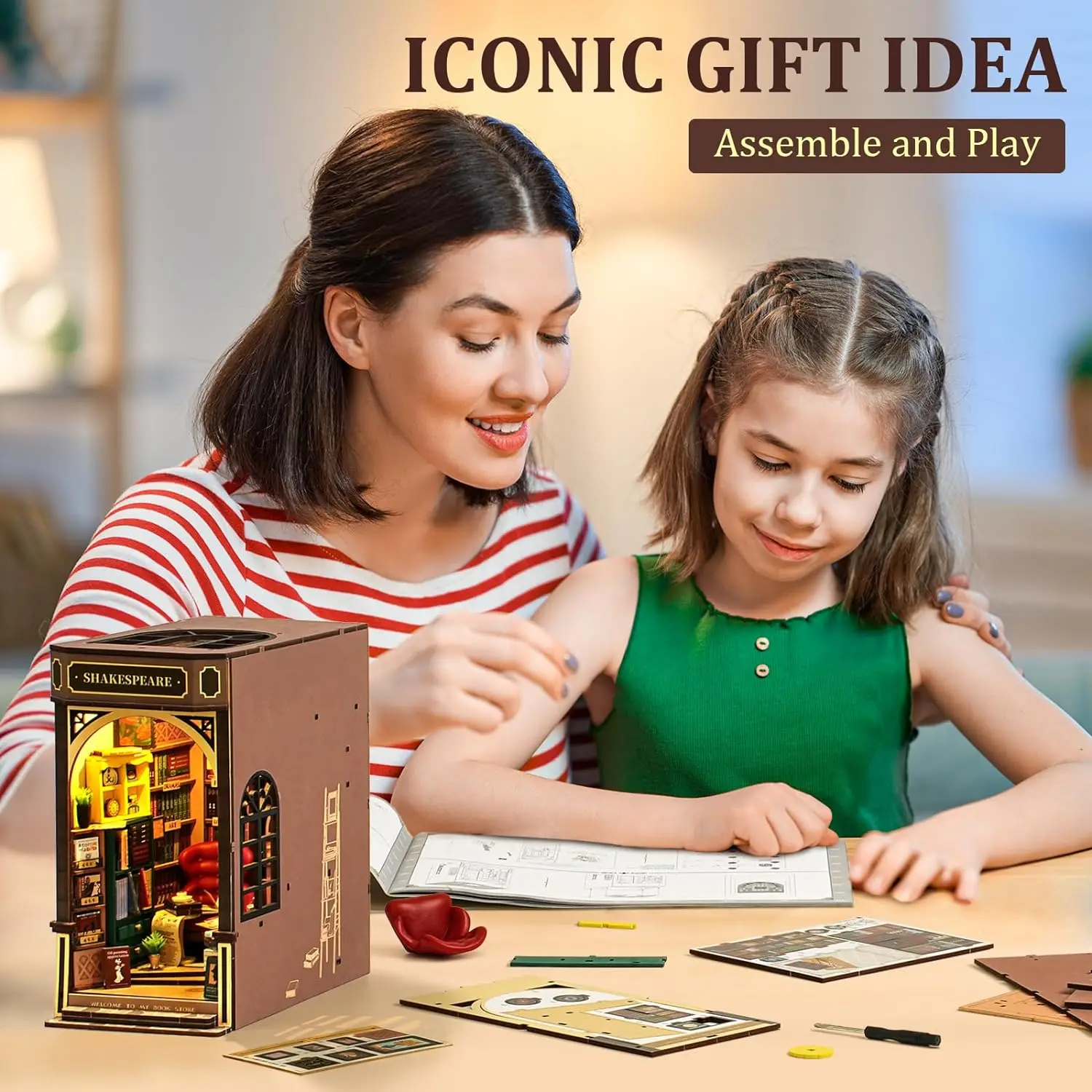 Robot ime Booknook Kit 3D Holz puzzle mit LED-Lichtern DIY Miniatur Puppen Haus Kit Regal Dekoration Weihnachten Geburtstags geschenk fo