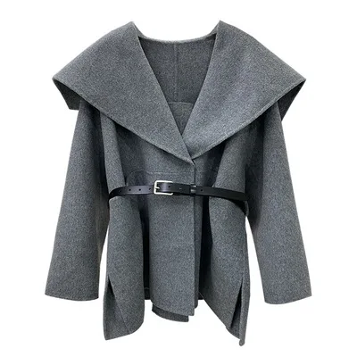 2024 Winter Designed Wide Turn-down Collar Both Side 2 Colors Options Long Sleeve All Match Women Wool Solid Coat