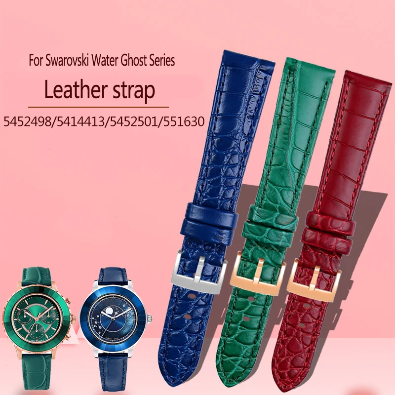 For Swarovski 5547642 5452498 5452501 551630 Watch Strap Green Water Ghost Women's Premium Leather Wristband 15MM 17MM Watchband