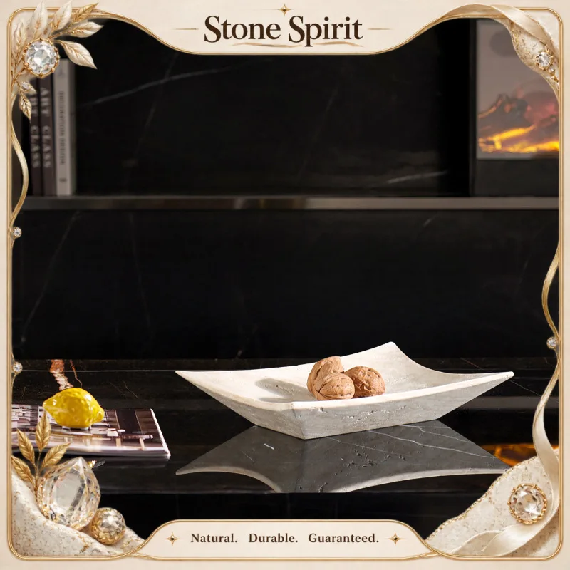 【Natural】Beige Travertine Tray for Kitchen Counter Natural Stone Serving Tray for Coffee Table