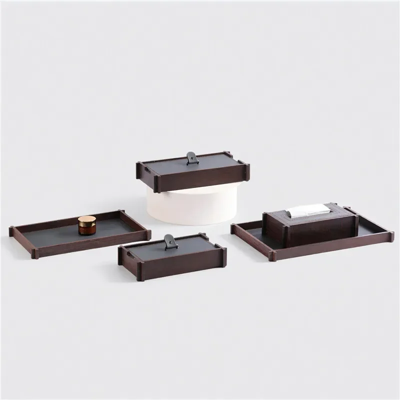 Wood Grain Leather Storage Tray for Living Room Coffee Table Tissue Box Holder Hotel Clubhouse Decorative Jewelry Organizer