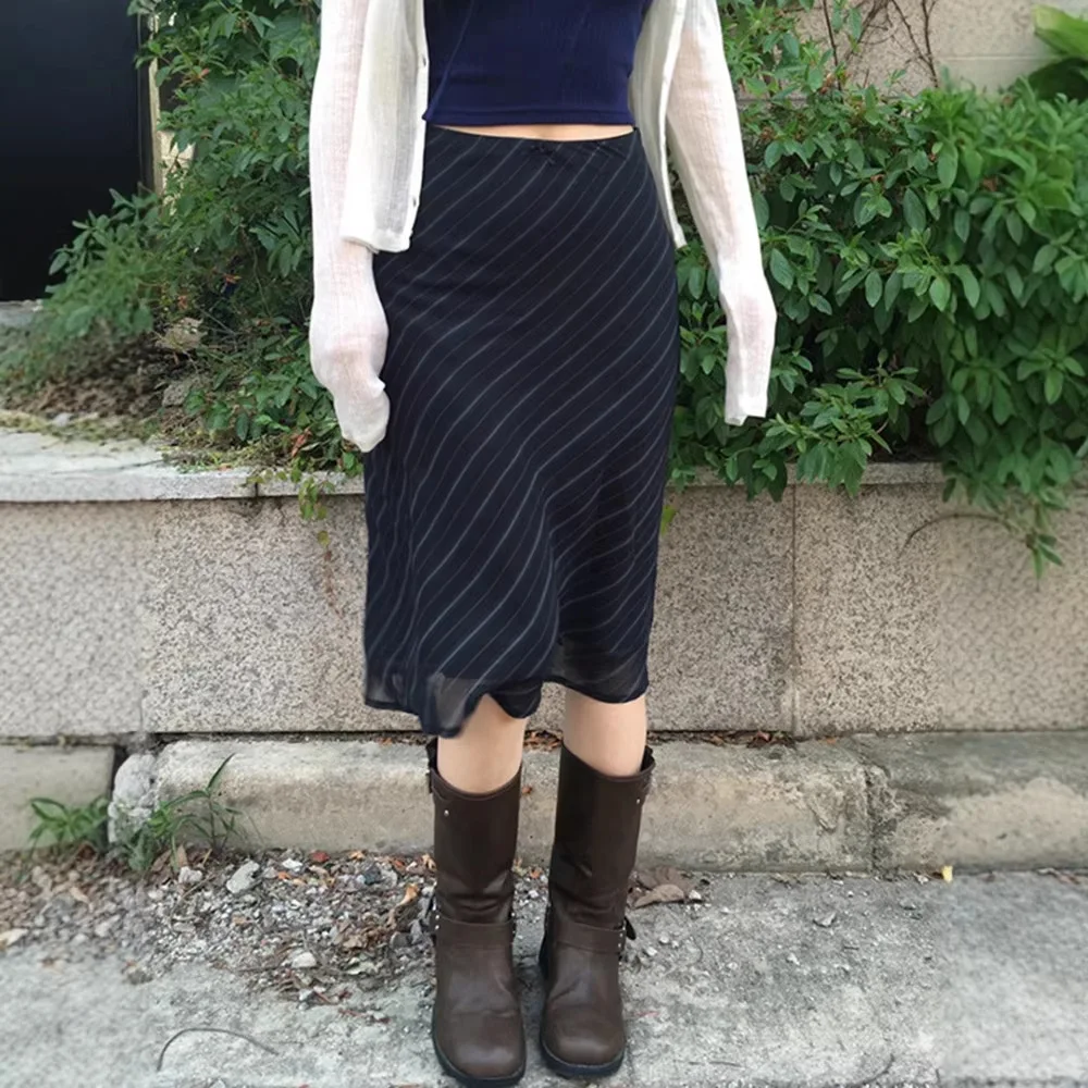 2026 Spring Summer Striped Print Double Layer Mesh Knit Midi Skirt Slim Retro Streetwear Y2K Fashion Girls Casual Party Bottoms