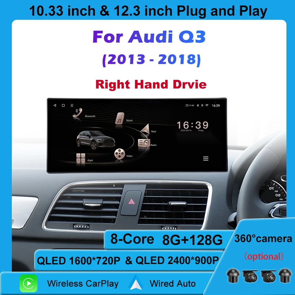 

Android 14 для правой руки Drvie Audi Q3 2013-2018 Автомобильный радиоприемник Мультимедийный видеоплеер Навигация GPS Android АВТО Беспроводной CarPlay