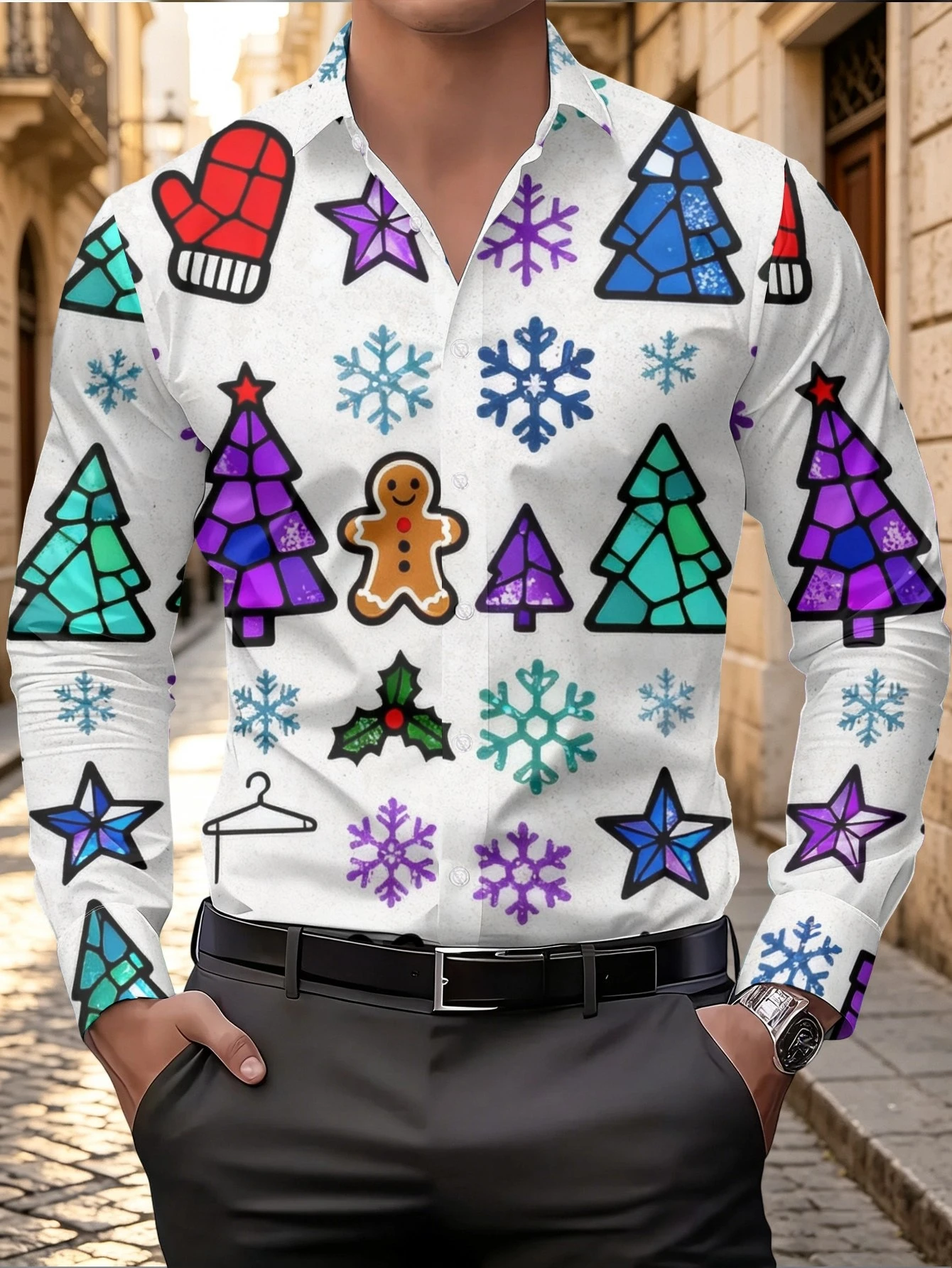 Christmas Men Long Sleeve Shirt Reindeer Sleigh Snowflake Print Vintage Retro Casual Party Daily Wear Men's Clothing