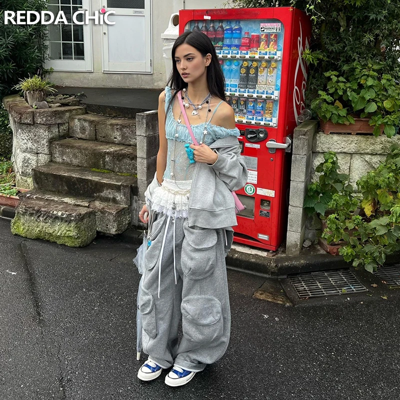 REDDACHiC Metallic Loops Taschen Cargohose Damen Sportlich Lässig Weites Bein Elastische Taille Jogginghose Hose Hiphop Streetwear