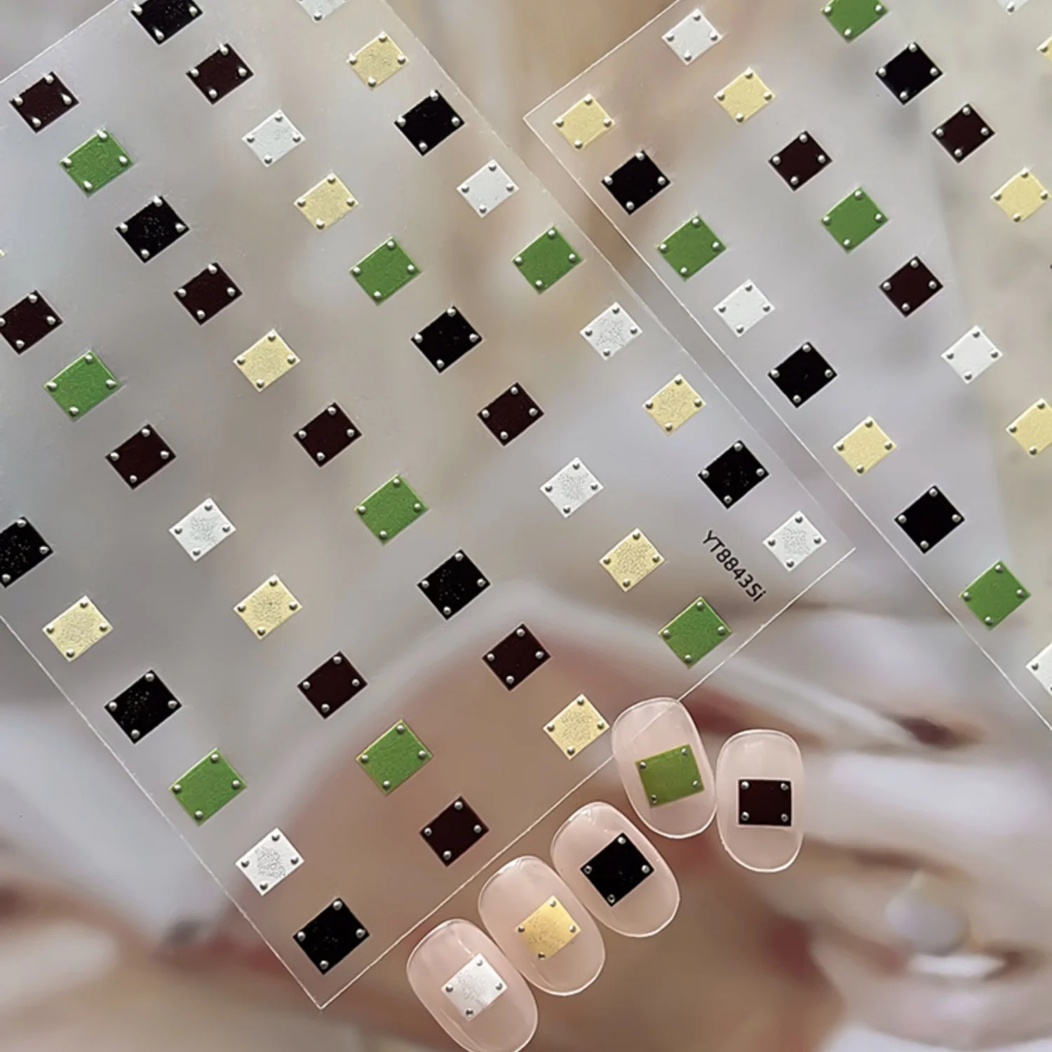 Retro Geometric 5D Nail Stickers Rivet Small Square Block Plaid Checkerboard Simple Self‑Adhesive Nail Art Decals Manicure DIY