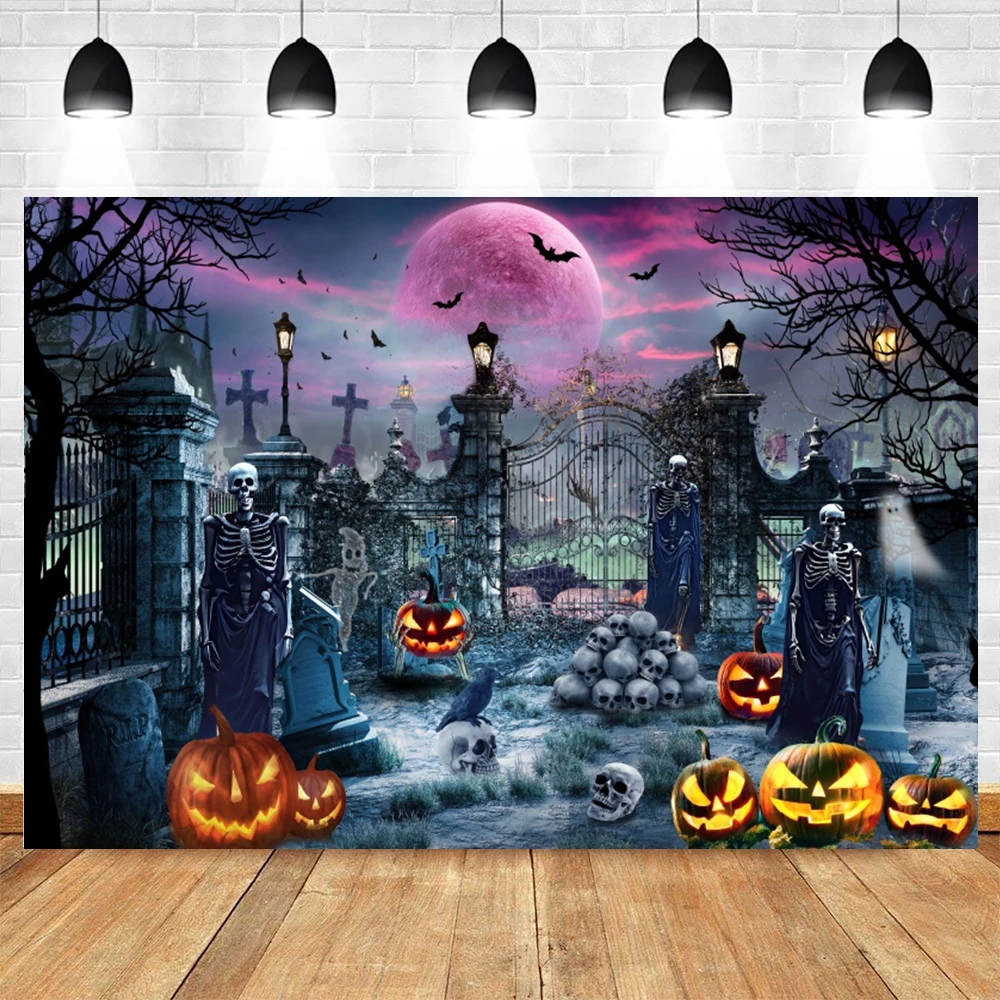 Horror Skeleton Cemetery Tombstone Backdrop Full Moon Halloween Night Party Family Children Portrait Photography Background