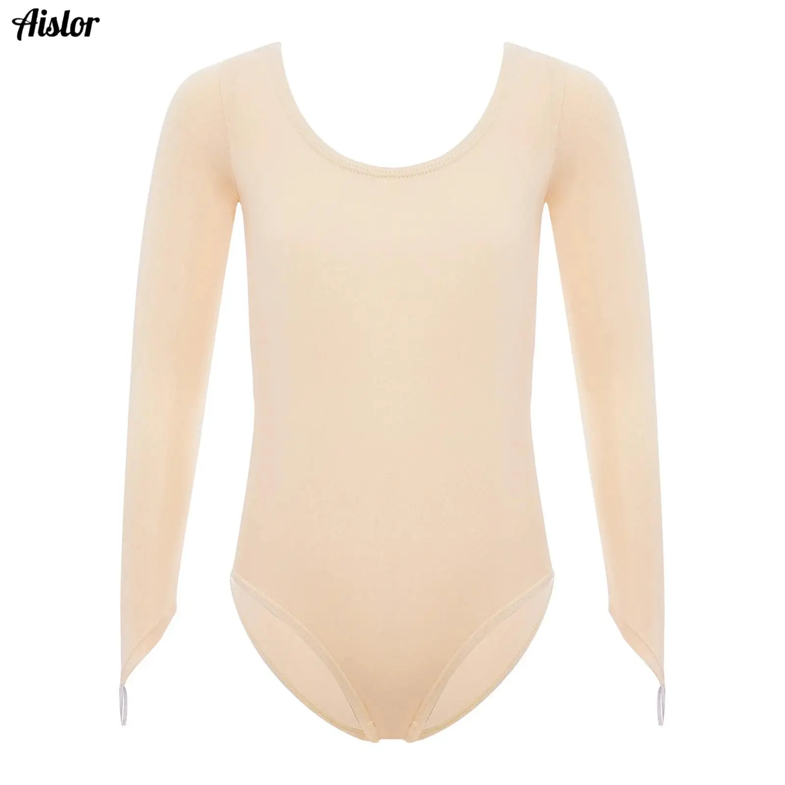 

Kids Girls Gymnastics Leotard Underwear Long Sleeves Finger Holes Press Buttons Basic Bodysuit for Ballet Practice Performance