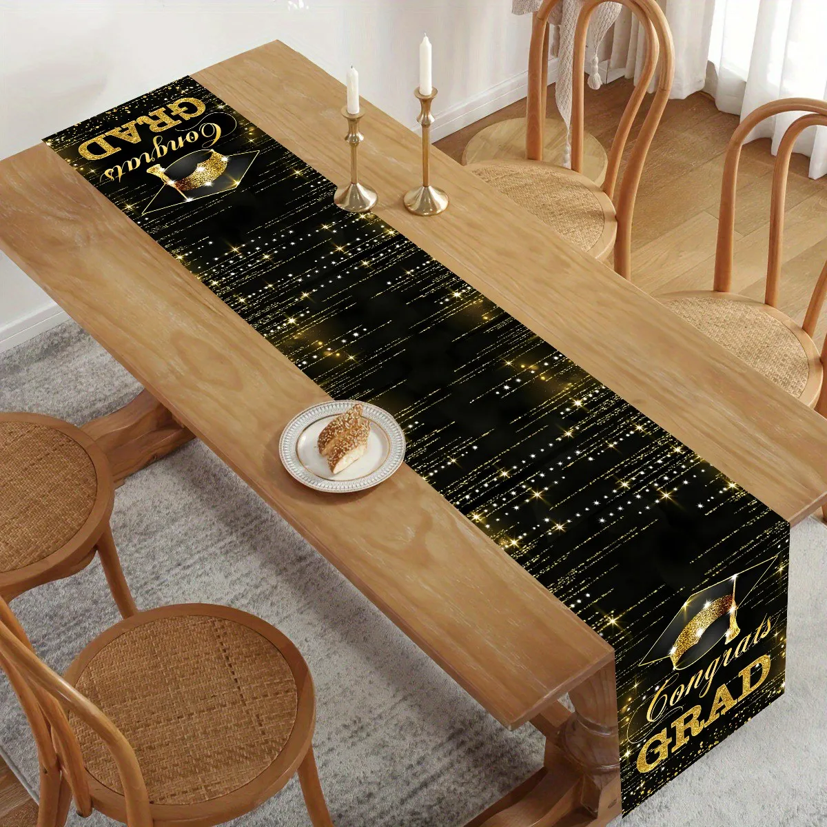 Black Gold Graduation Polyester Table Runner Congrats Grad Tassel Design Table Cover for 2026 Graduation Party Table Decorations