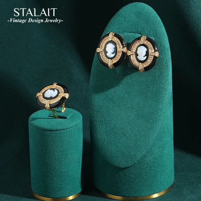 

Vintage Womenluxury Brands Jewelry Set Black Gold Enamel Portrait Cameo Zircon Earrings And Ring Oval Party Accessories 2025