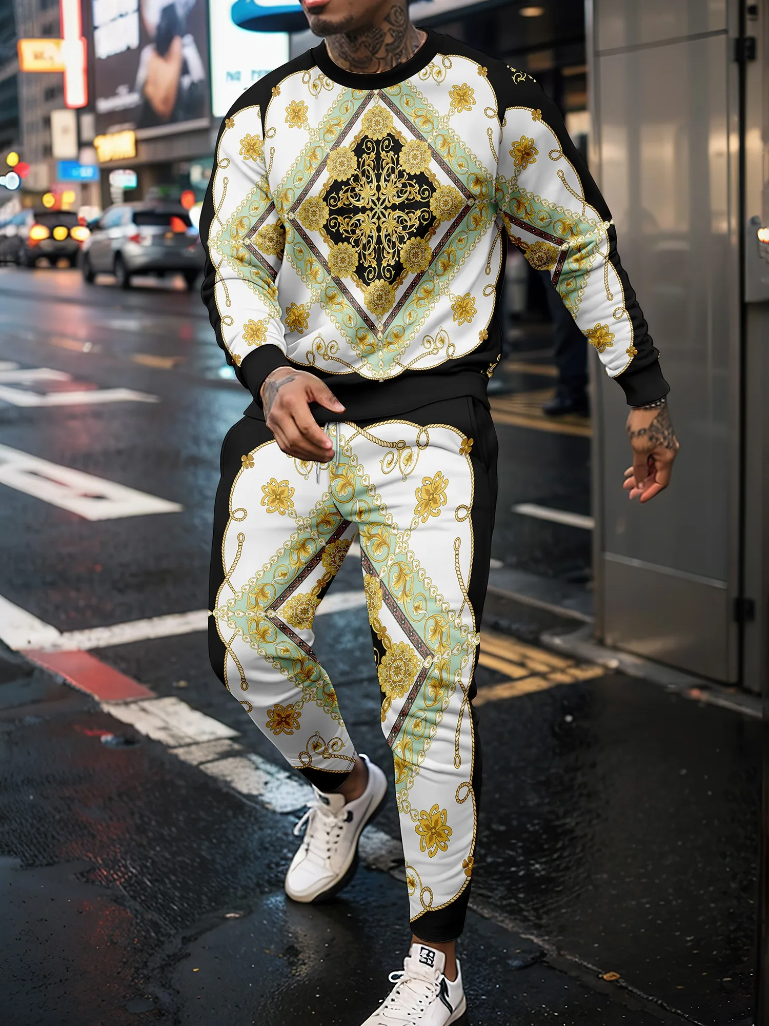 Retro trendy 3D printed sports shirts sports pants long pants men\'s round neck sports and fitness sets casual street wear