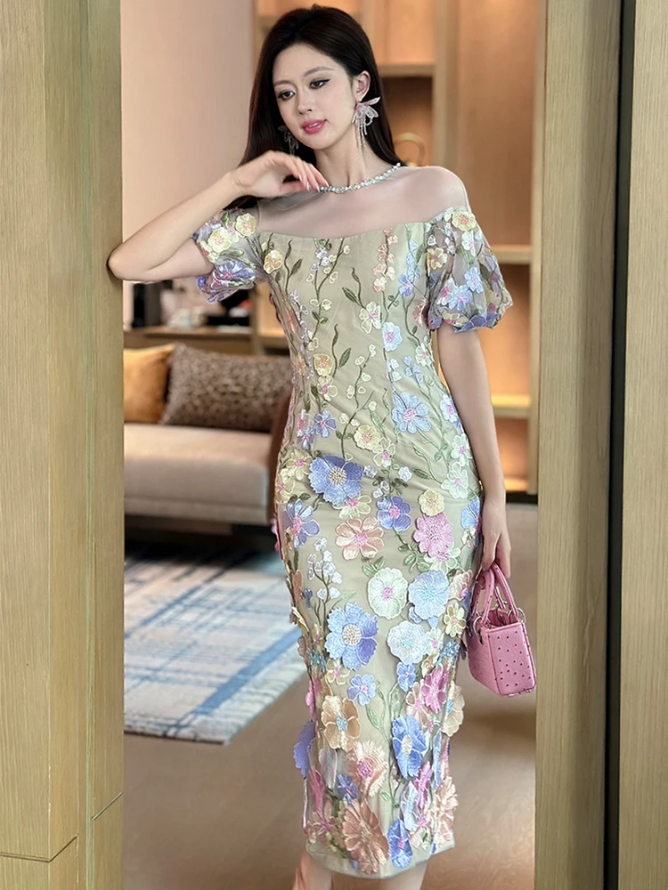 여성 의류 달콤한 꽃 자수 섹시 오프숄더 슬림 이브닝 드레스 우아한 여성 패션 파티 프롬 생일 드레스