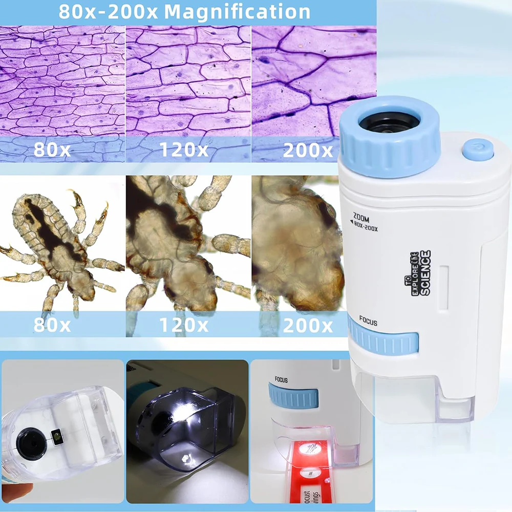 Children\'s Microscope 60x-200x Biological Microscope Set Portable Microscope Microbiology Exploration for Elementary Students