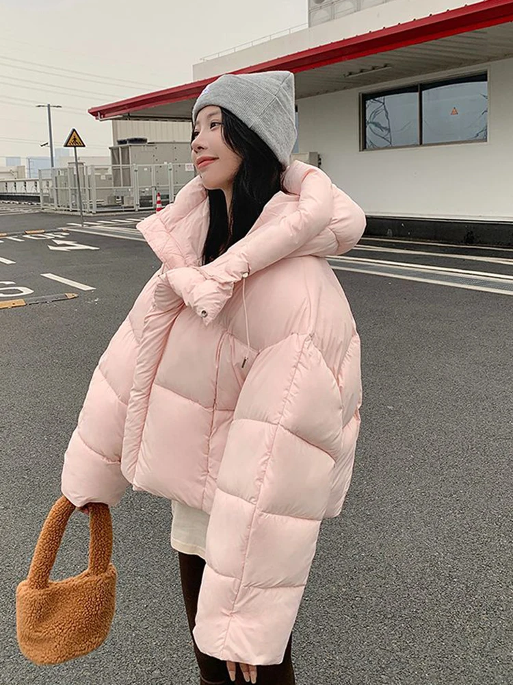 شتاء دافئ الوردي سترات المرأة فضفاضة طويلة الأكمام الحلو مقنعين سترة قطن الكورية موضة نمط Preppy الإناث لطيف منتفخ معطف #5
