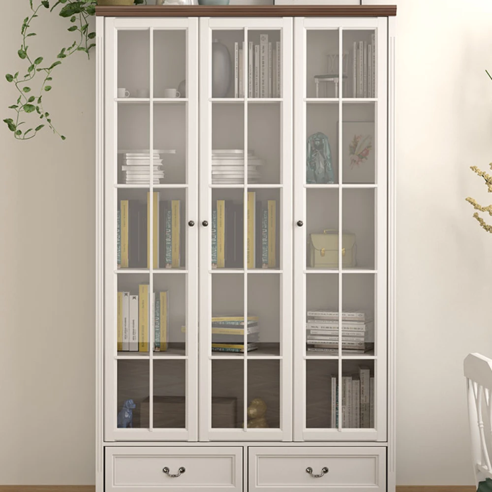 Solid Wood American Mediterranean Study Dust-Proof Glass Door Three-Door Bookcase