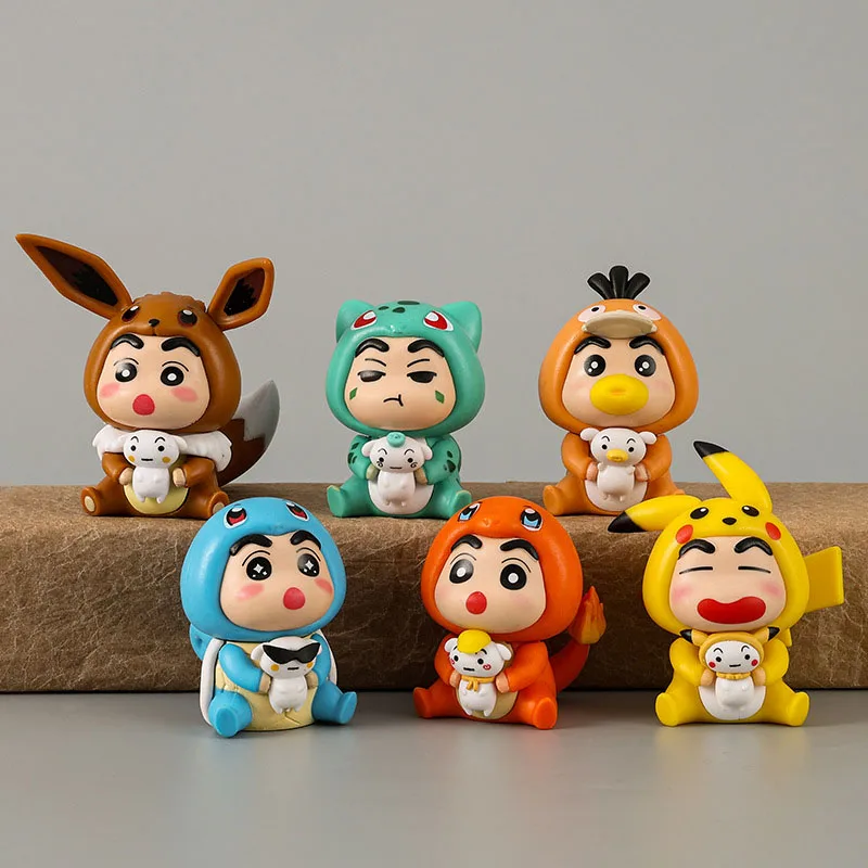 6 pièces/ensemble Crayon shin-chan COS Pokemon Psycanard Pikachu Eevee Charmander Bulbasaur écureuil Anime Figure mignon poupée modèle jouets