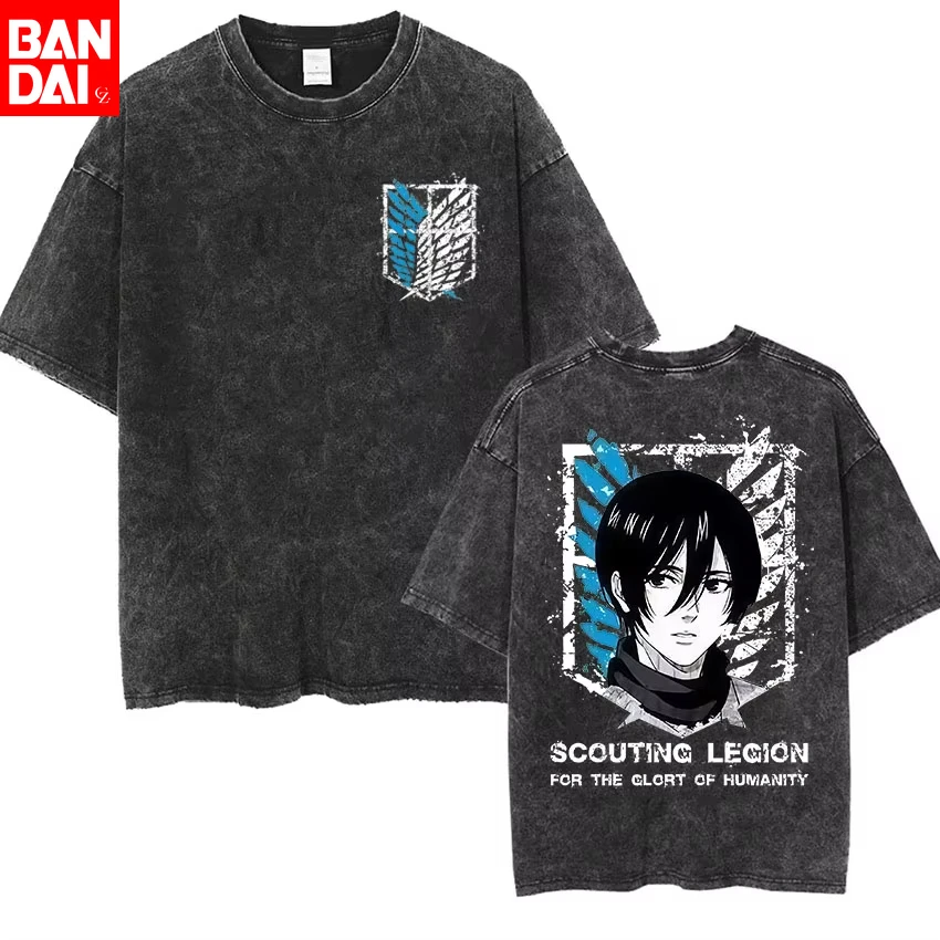 Anime Attack Retro Washed Bedrucktes T-Shirt Mikasa Ackerman Ellen Jagger Free Wings Herren Sommer-T-Shirt