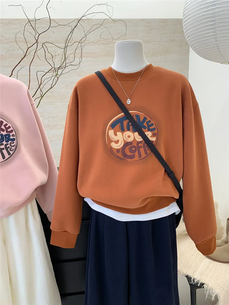 

Thickened Fleece Hoodie Sweatshirt Women's round Neck Overhead Letter Print Casual Outerwear Autumn Winter Style Street Fashion