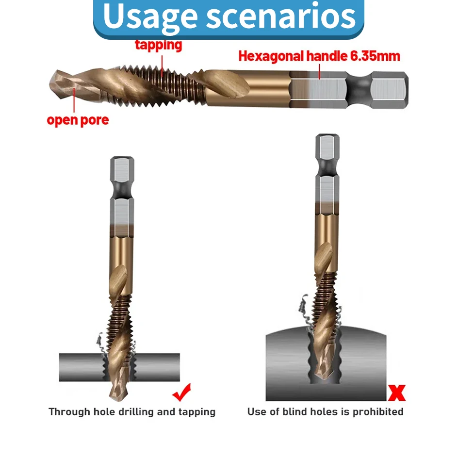 cobalt-plated Tap Drill Bit Set Hex Shank Titanium Plated HSS Screw Thread Bit Screw Machine Compound Tap M3 M4 M5 M6 Hand Tools