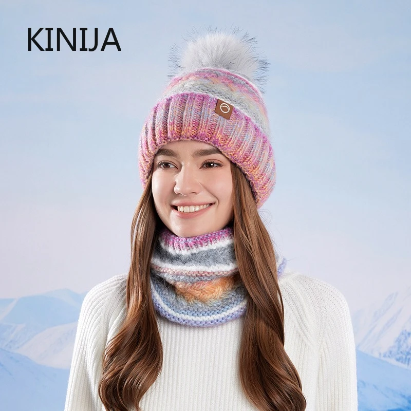2pcs Winter Knitted Hat Scarf Set for Women Cold Proof EarProtection Scarf Warm Skullies Beanie Windproof Outdoor Cycling Skiing