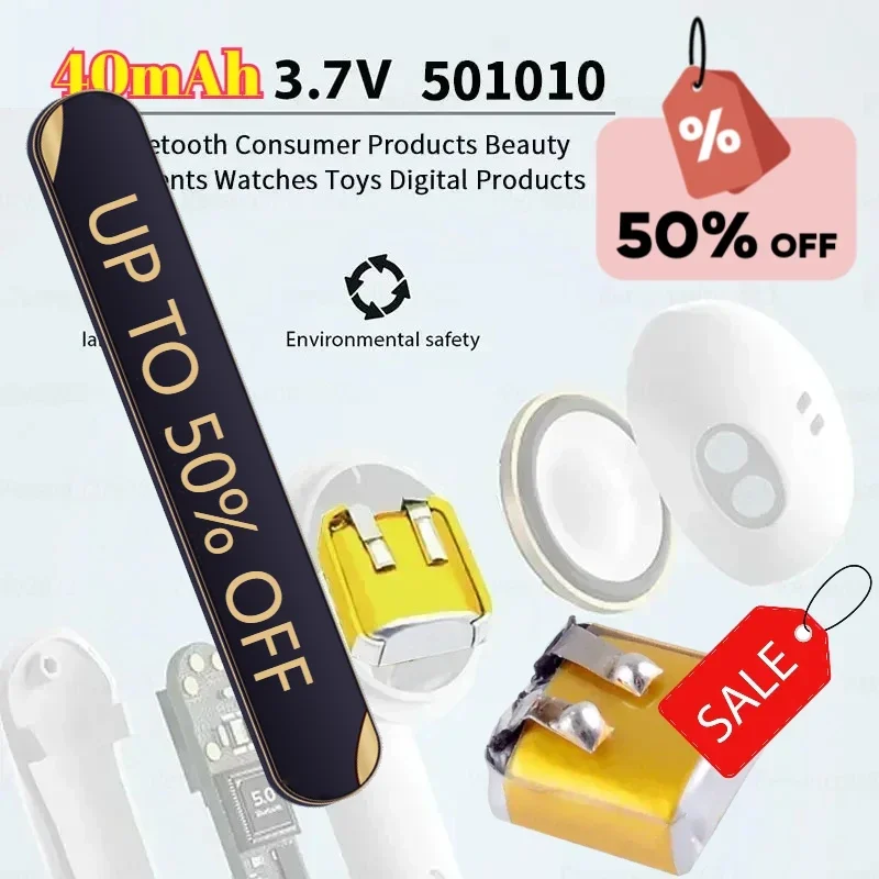 

50pcs Lipo Rechargeable Polymer Lithium Batteries 501010 501012 3.7V 40mAh Bluetooth Batteries for Headset LED Lights Mp3/mp4