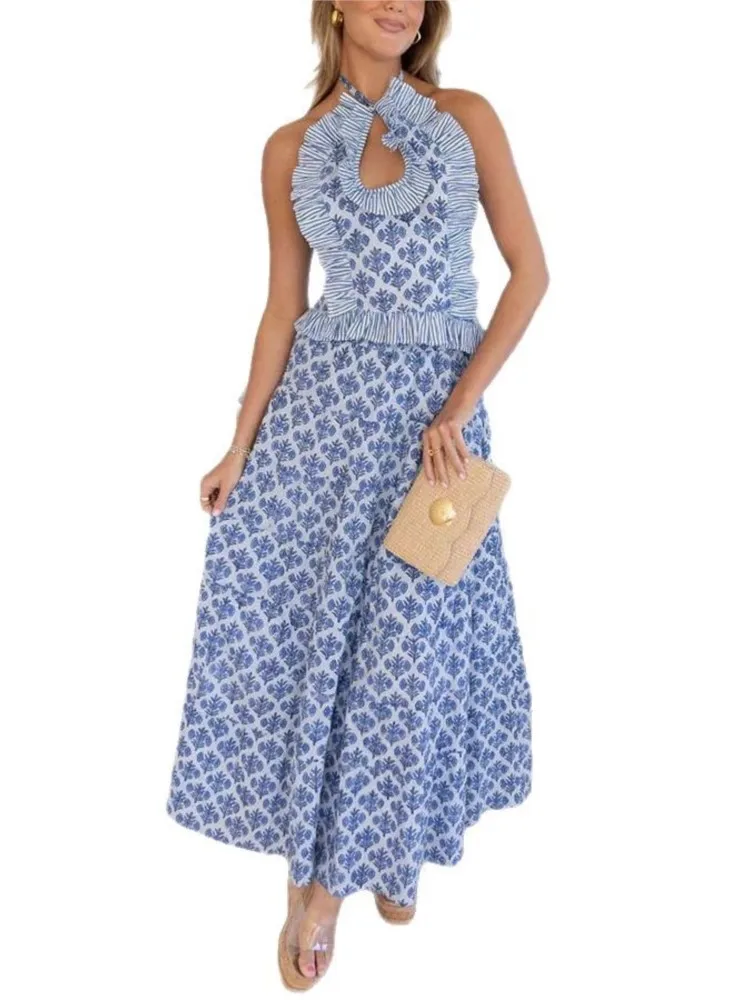 2025 Summer Backless Two Piece Set Women Fashion Elegant Holiday Chic Halter Sleeveless Top And Maxi Skirts Printed 2 Piece Sets