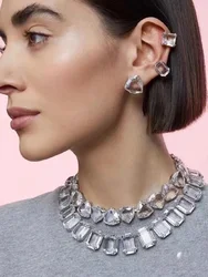 Simple Shiny Square Large Crystal Necklace Ladies Party Ball Fashion White Crystal Lock Bone Chain Jewelry Accessories